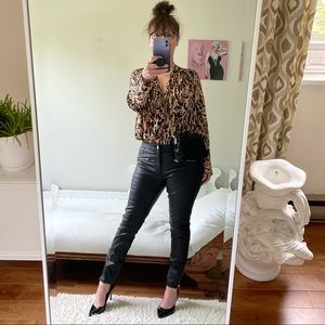 REFUGE BLACK FAUX LEATHER SKINNY PANTS ANKLE ZIPPERS POCKETS STRETCH